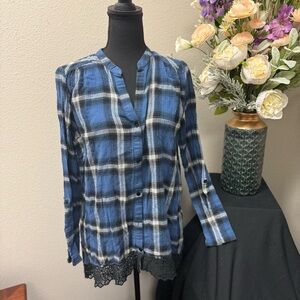 Wallpaper Blue Plaid Button-Down Blouse with Lace Hem – Size XL